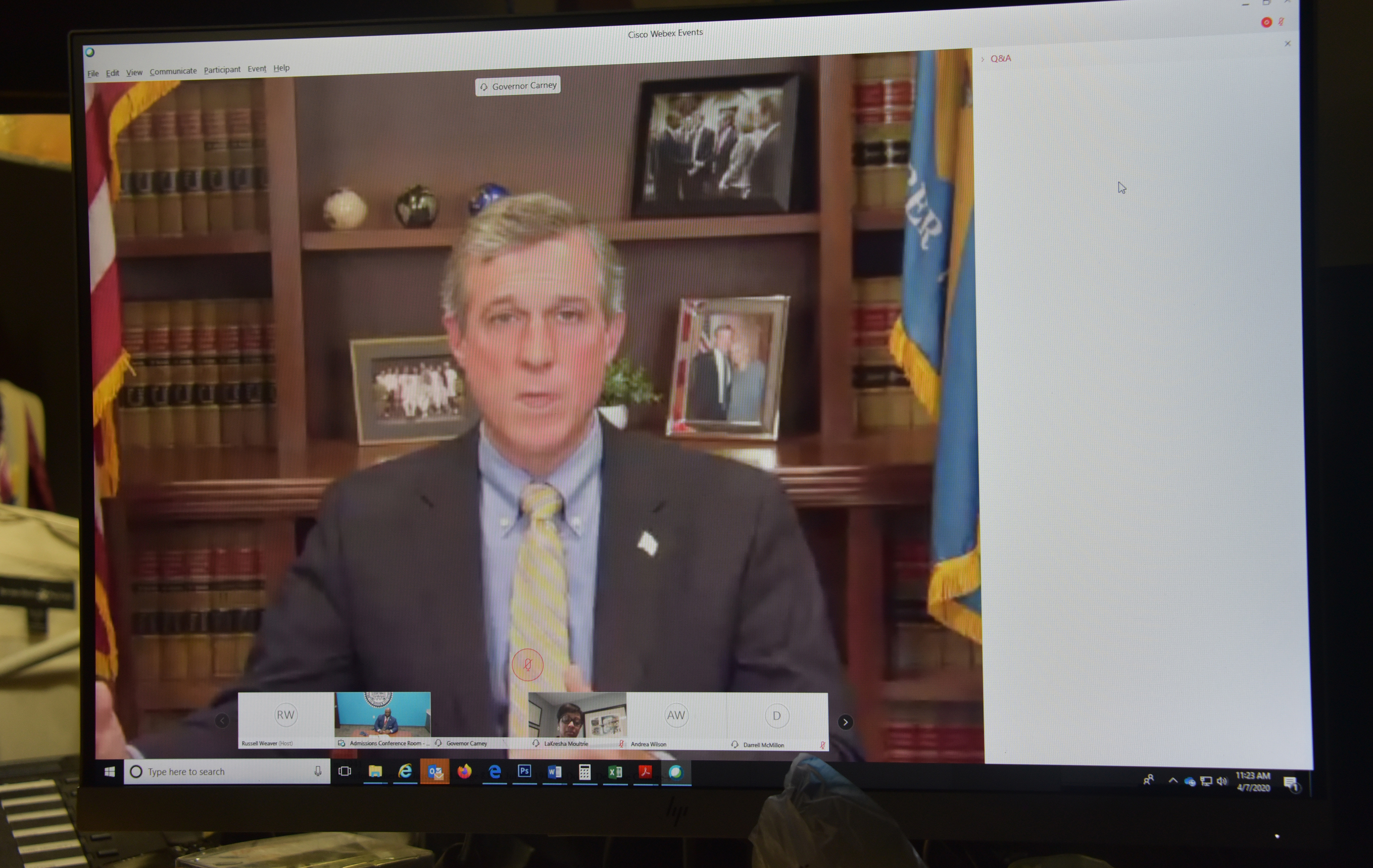 Gov. Carney talks about COVID-19 at  Univ. Webex